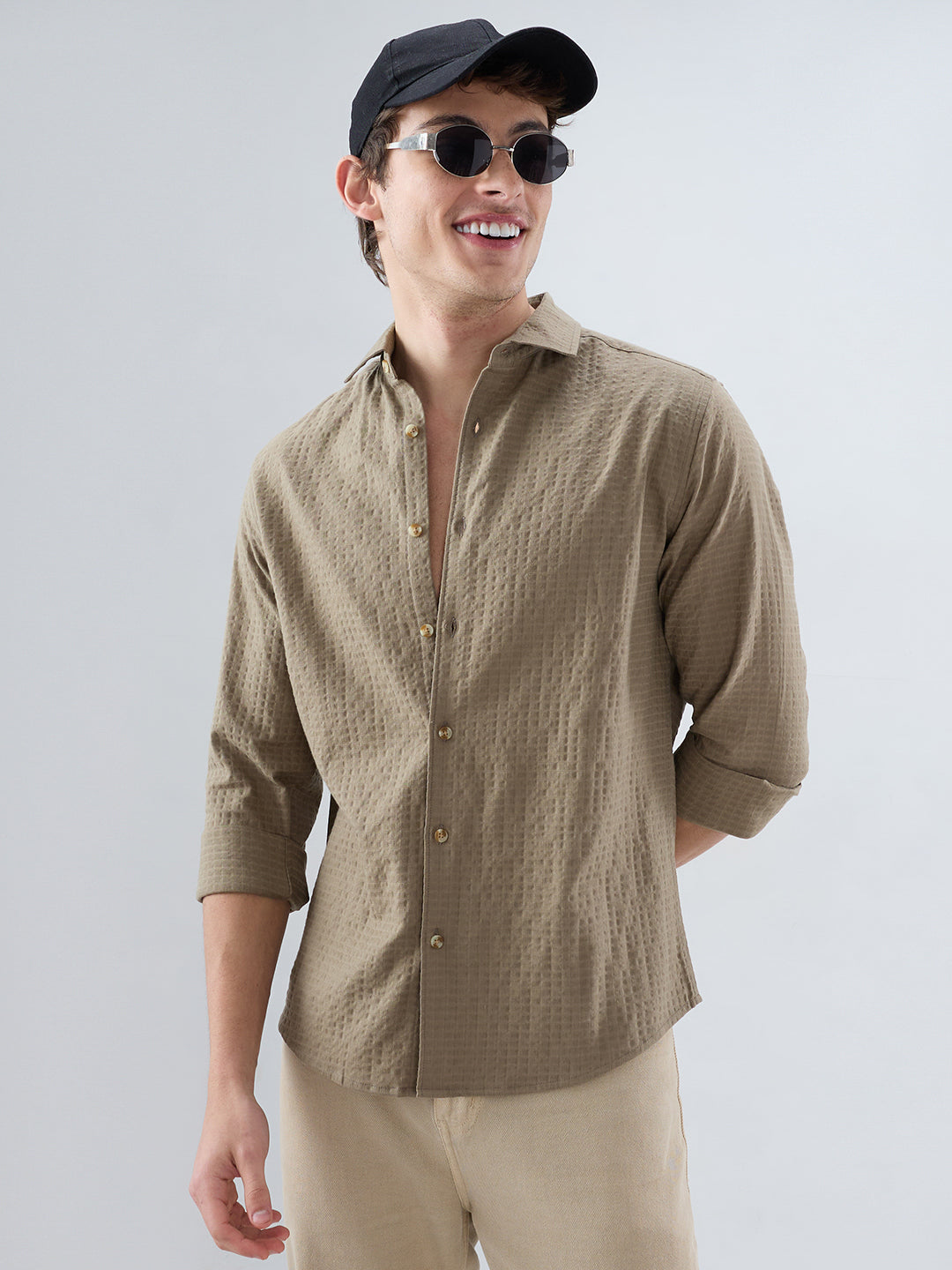 Soft Olive Box Textured Weave Double Cloth Shirt