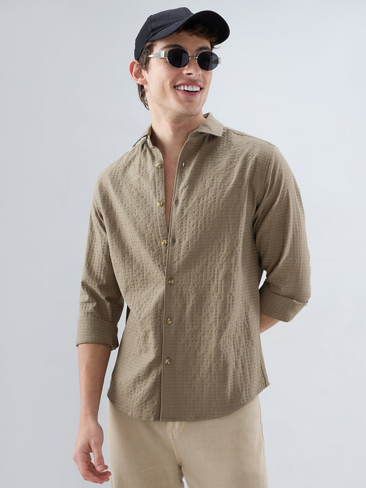Soft Olive Box Textured Weave Double Cloth Shirt