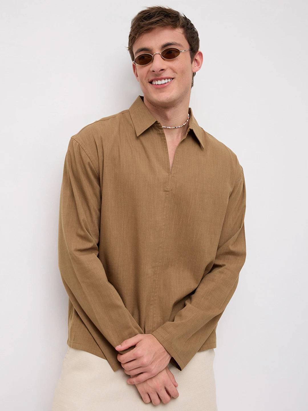Khaki Slub Textured Center Seam Oversized Polo Shirt