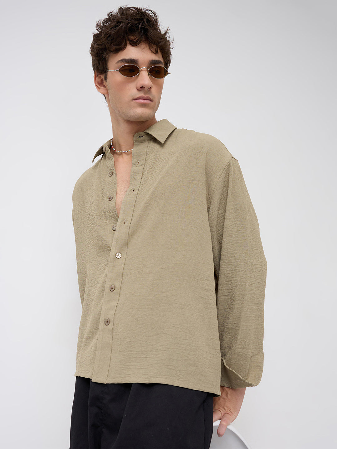 Plush Olive Lightweight Crinkled Boxy Fit Crop Shirt