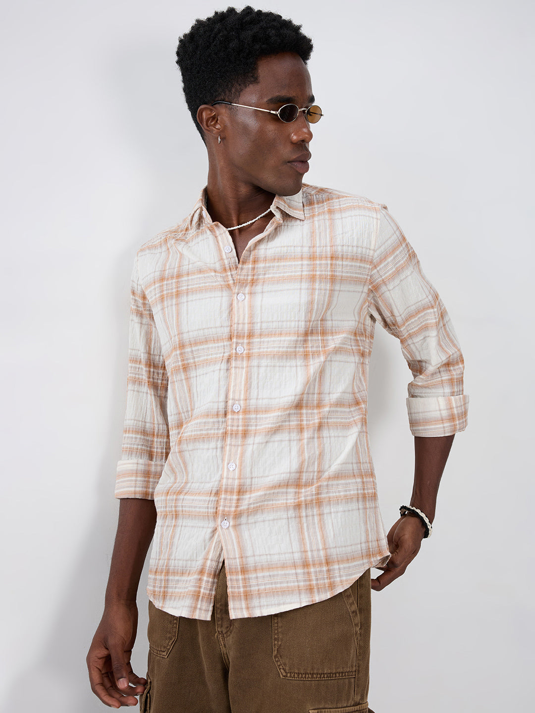 White & Brown Plaid Checks Crinkled Shirt