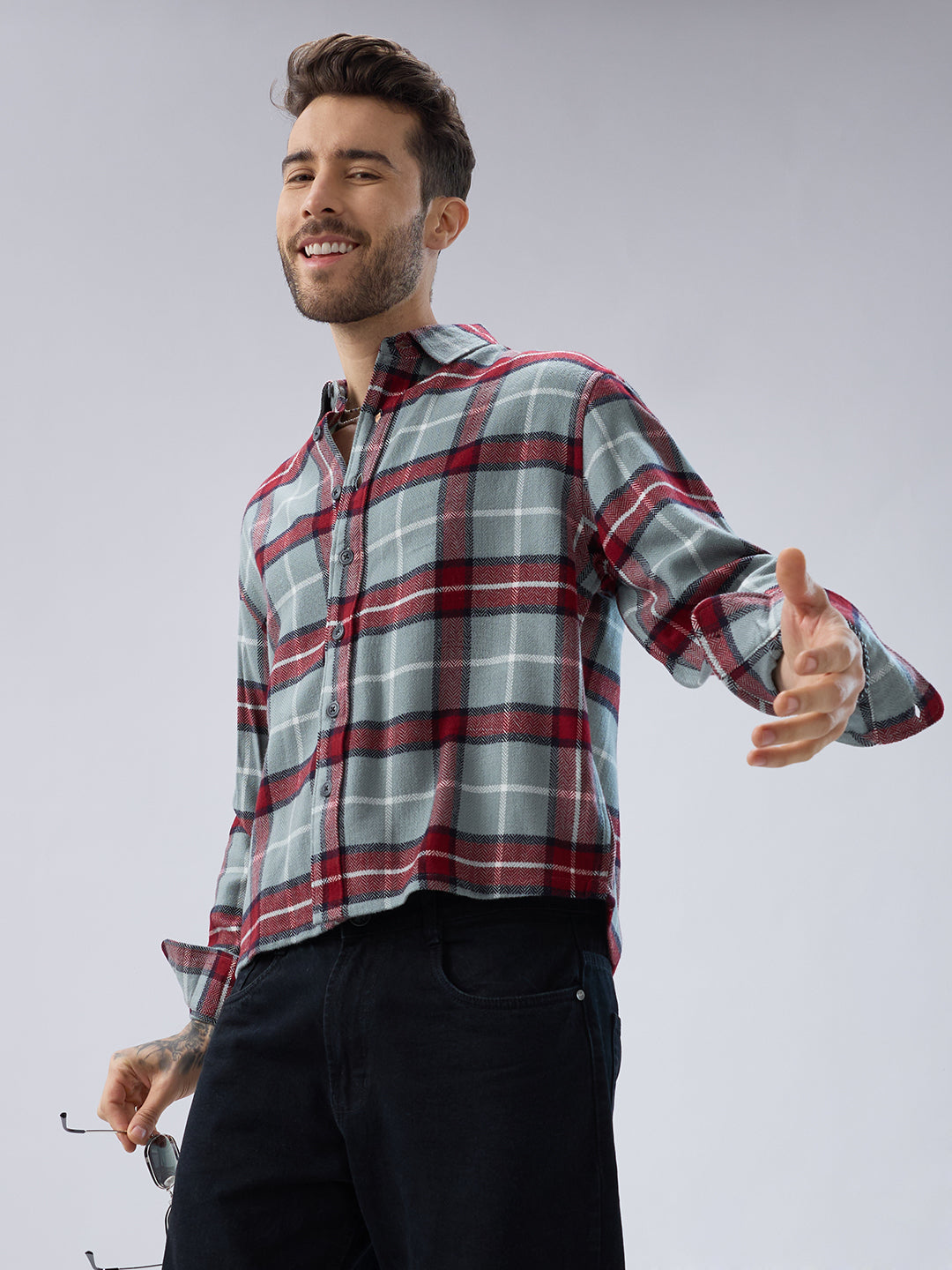 Forest Mist Rust Checks Boxy Fit Cropped Flannel Shirt