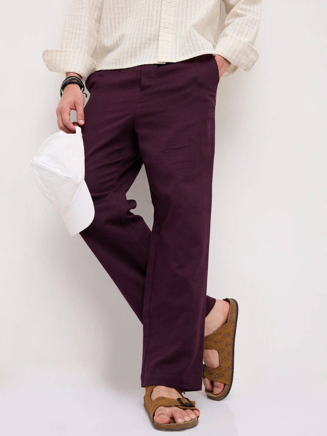 Rich Wine Fine Herringbone Textured Straight Fit Trousers