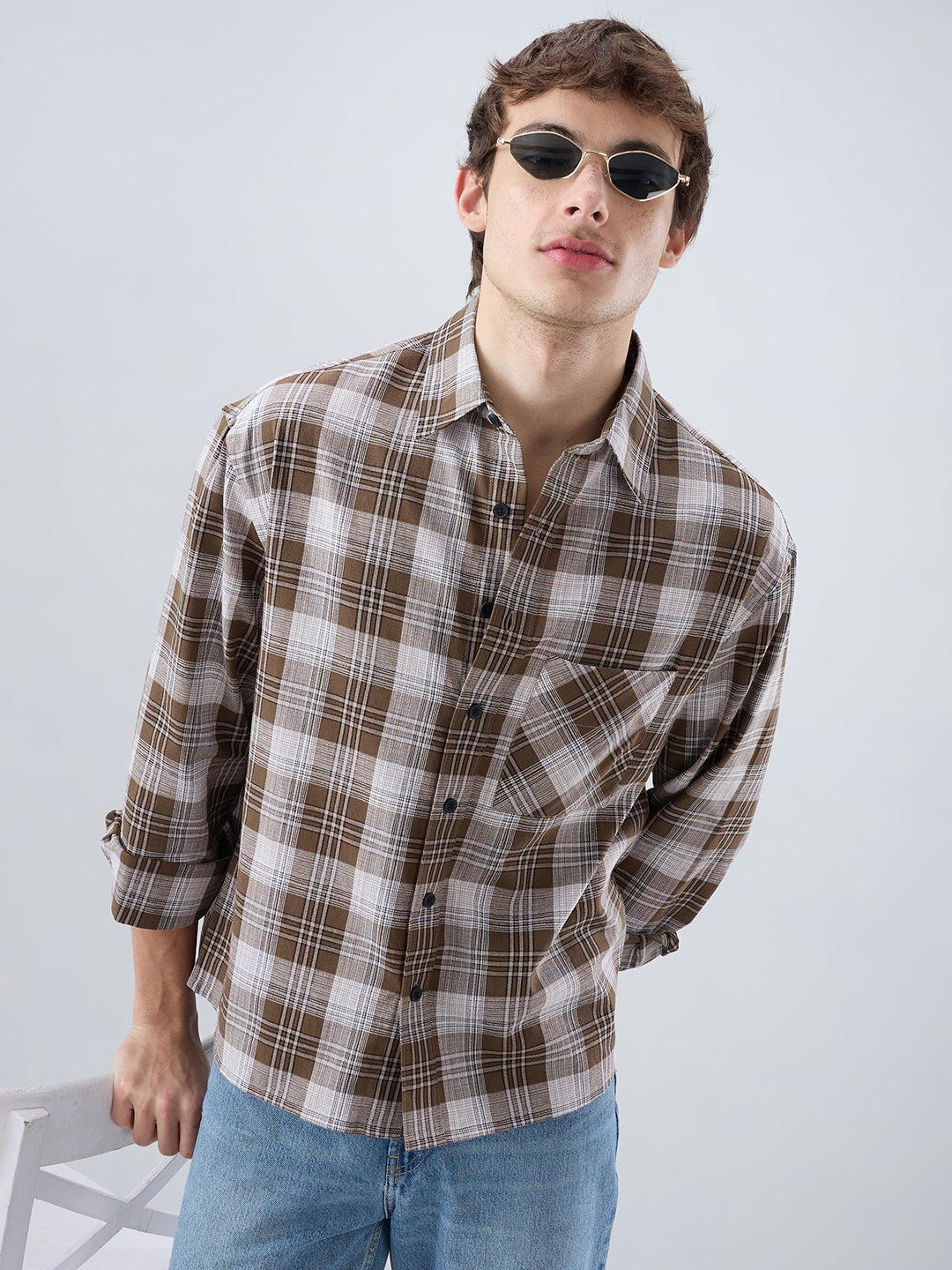 Deep Brown & White Plaid Checks Boxy Fit Crop Shirt