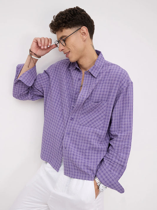 Purple Shadow Checks Boxy Fit Crop Shirt