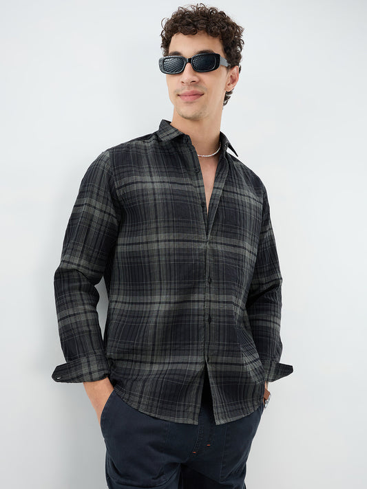 Black & Olive Plaid Checks Textured Shirt