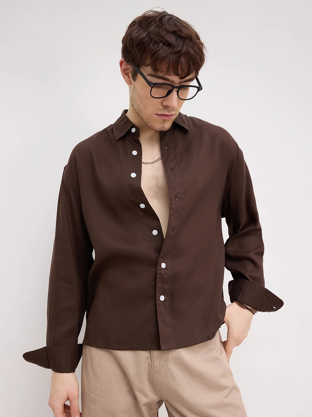 Luxe Espresso Brown Boxy Fit Crop Shirt
