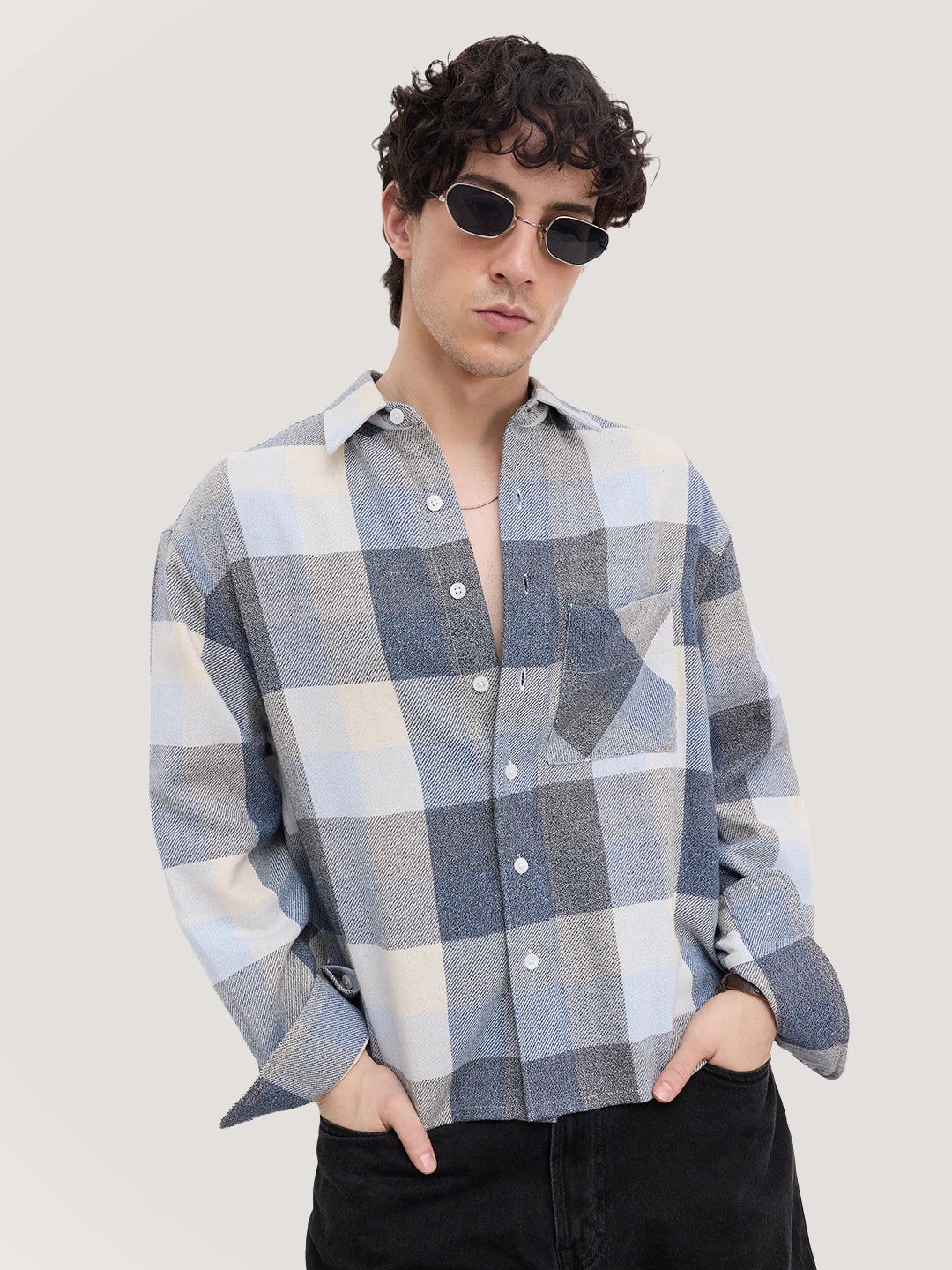 Navy & Blue Broad Checks Boxy Fit Flannel Crop Shirt