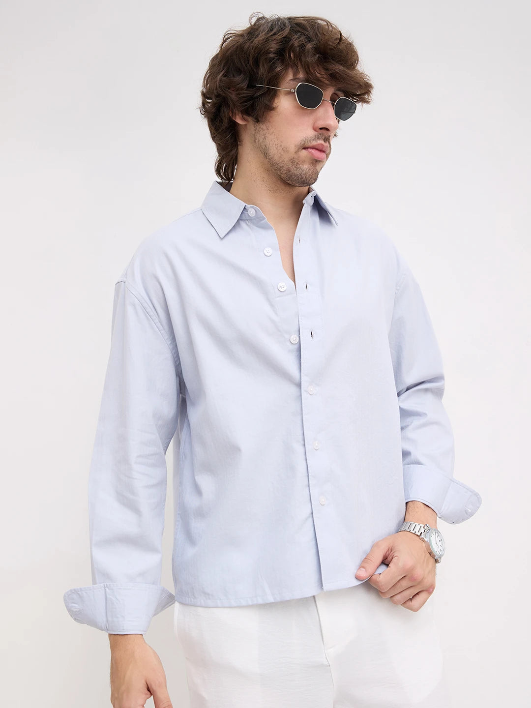 Ice Blue Herringbone Textured Boxy Fit Crop Shirt