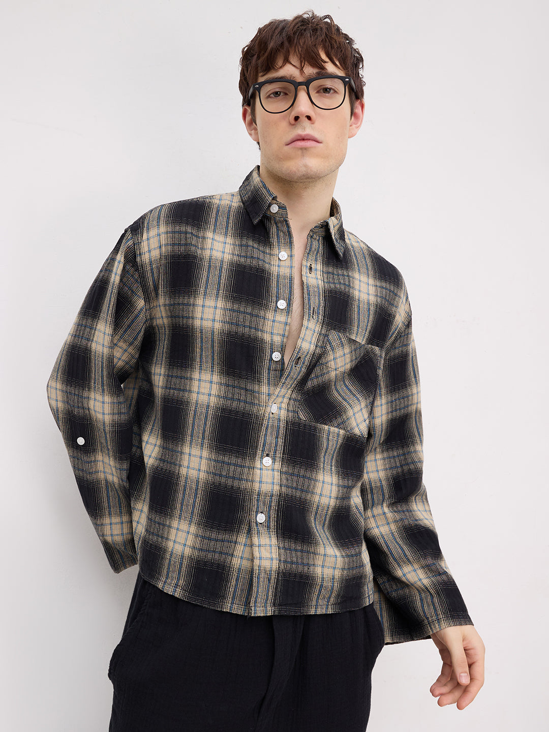 Rich Black & Blue Plaid Checks Cuffless Oversized Crop Shirt