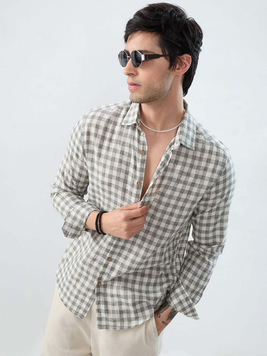 Mist Green Linen Blend Checks Shirt
