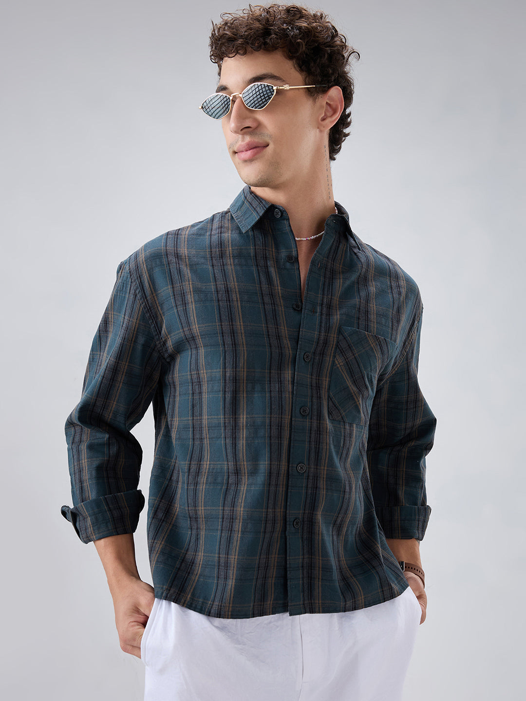 Deep Forest Green Plaid Checks Melange Boxy Fit Crop Shirt