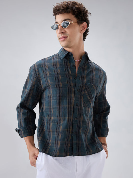 Deep Forest Green Plaid Checks Boxy Fit Crop Shirt