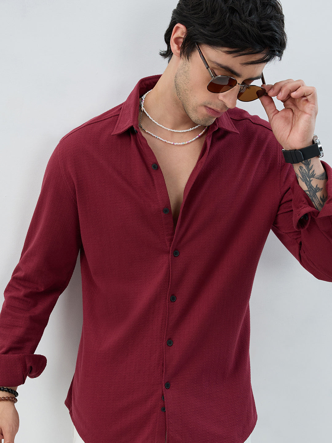 Berry Red Subtle Textured Knit Shirt