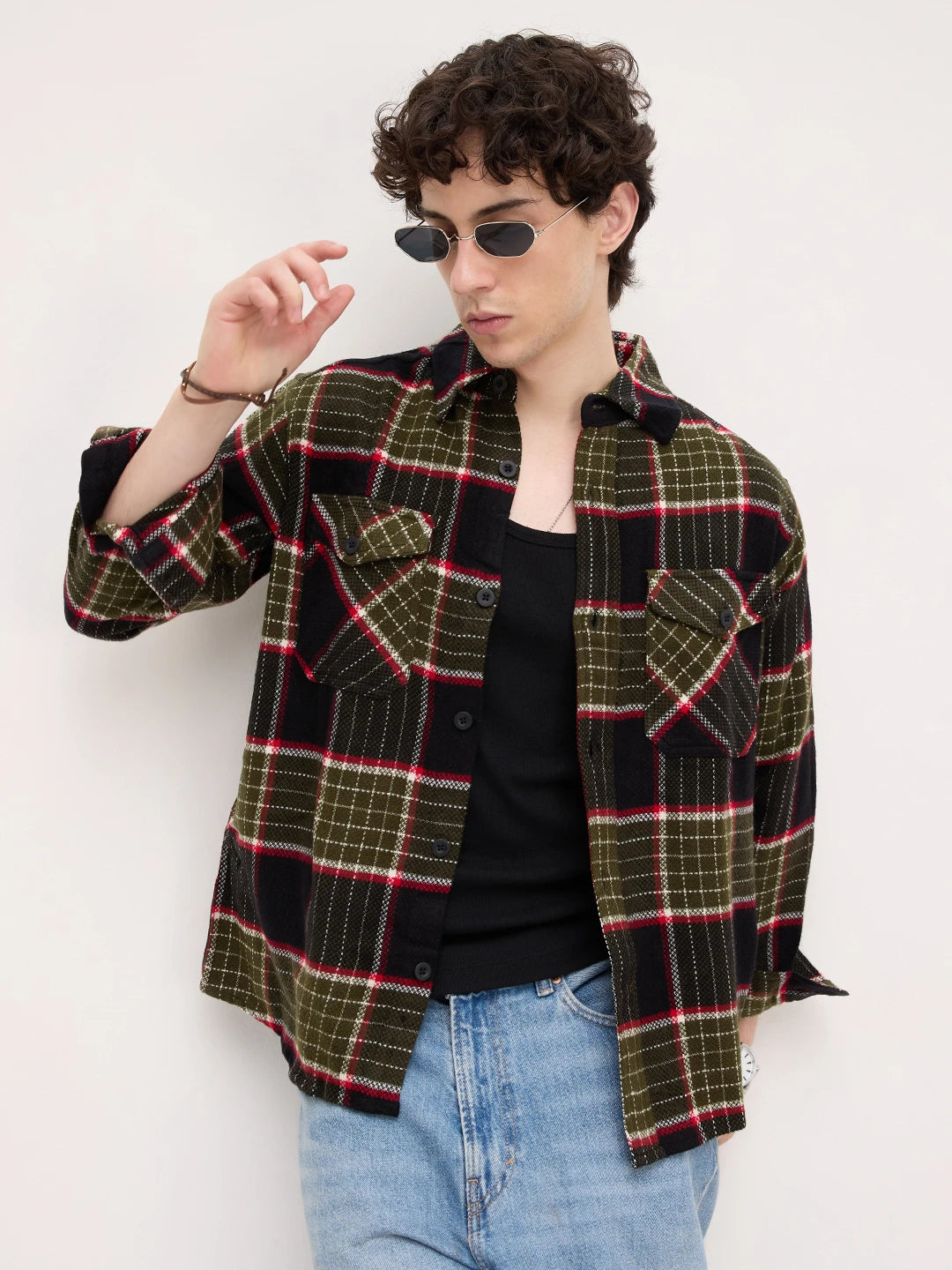 Premium Red & Olive Checks Double Pocket Boxy Fit Crop Shirt