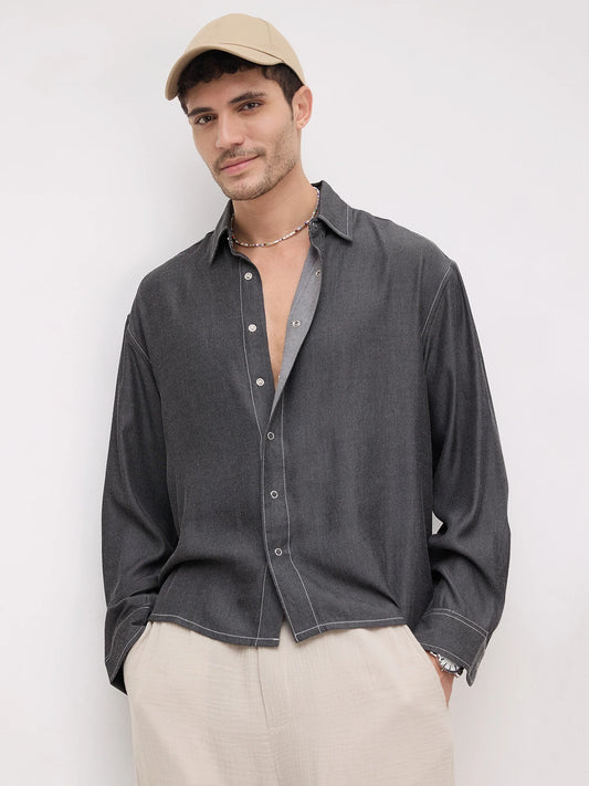 Black Soft Sheen Woven Boxy Fit Crop Shirt