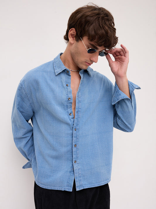 Premium Denim Fine Box Checks Boxy Fit Crop Shirt
