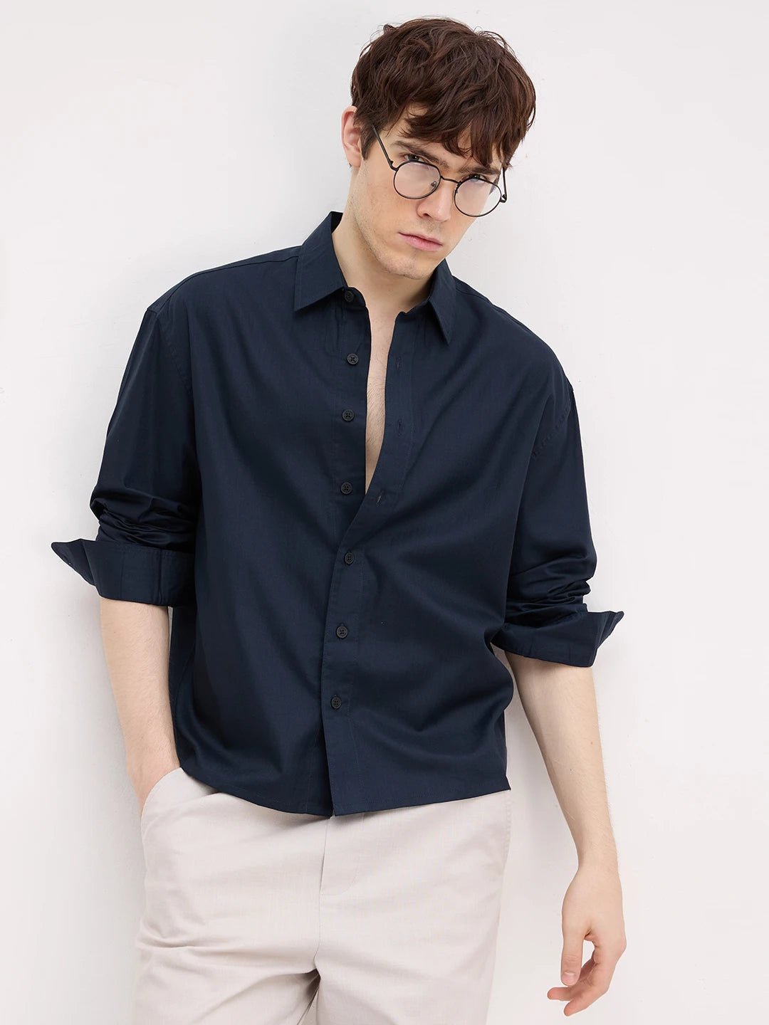 Classic Navy Herringbone Textured Boxy Fit Crop Shirt
