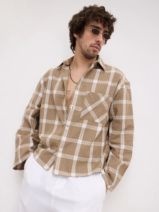 Taupe Ladder Striped Windowpane Checks Cuffless Oversized Crop Shirt