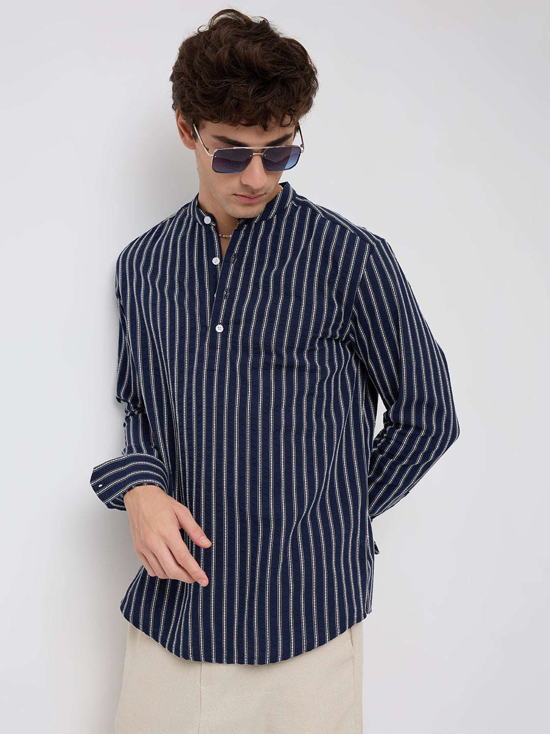 Luxe Coastal Navy Motif Seersucker Embroidered Striped Kurta