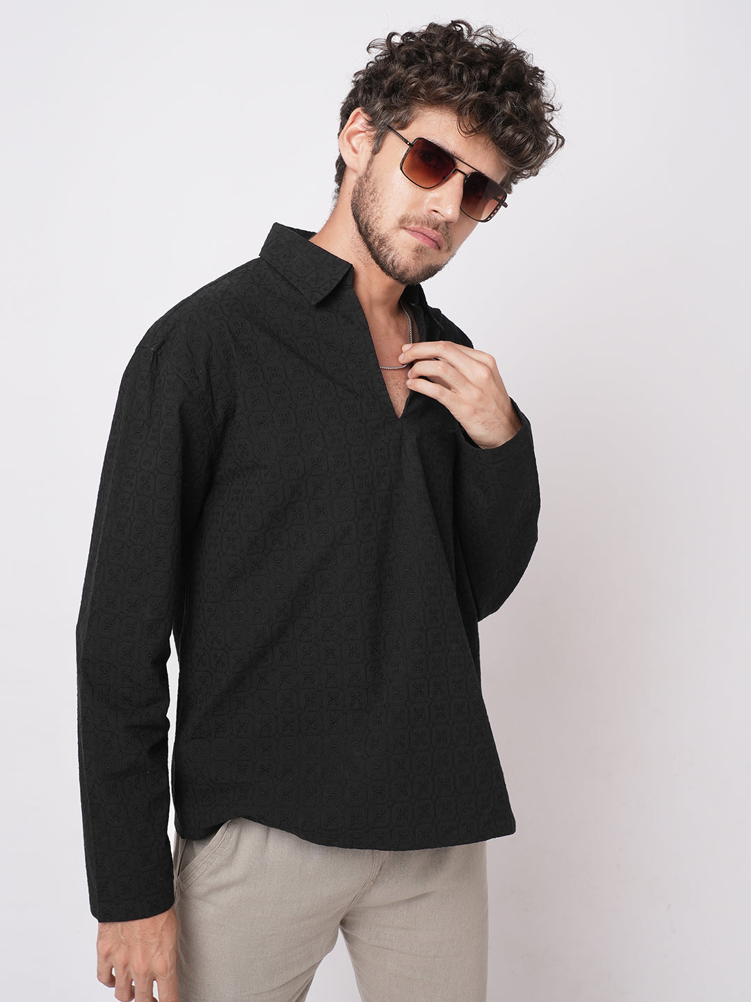 Black Petal Grid Embroidered Polo Neck Oversized Shirt