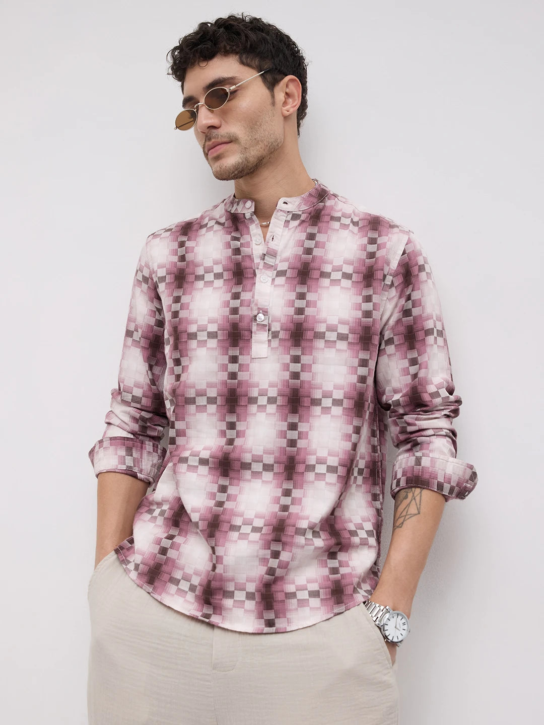 Turkish Rose Pink Pixel Block Checks Kurta