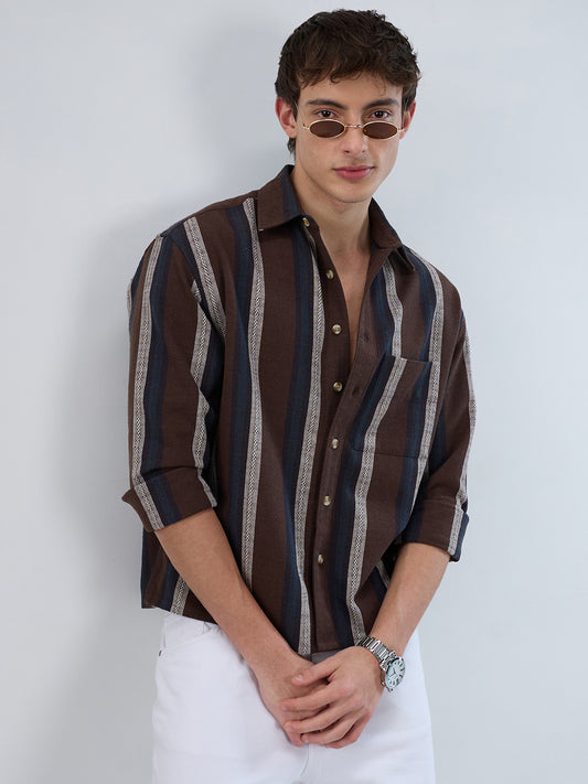 Refined Brown Multi-Tone Striped Boxy Fit Crop Shirt