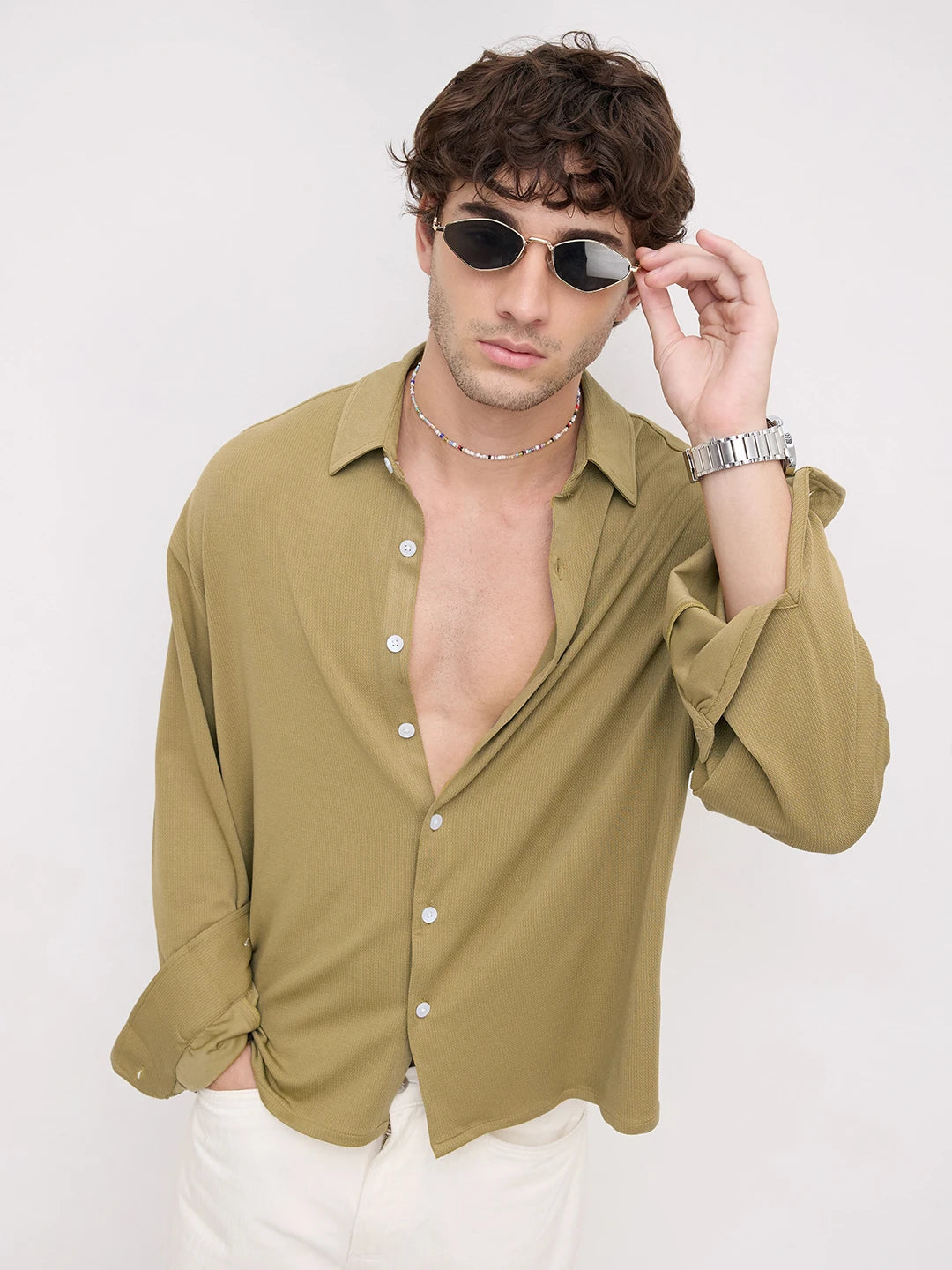Luxe Khaki Fine Textured Knitted Boxy Fit Crop Shirt