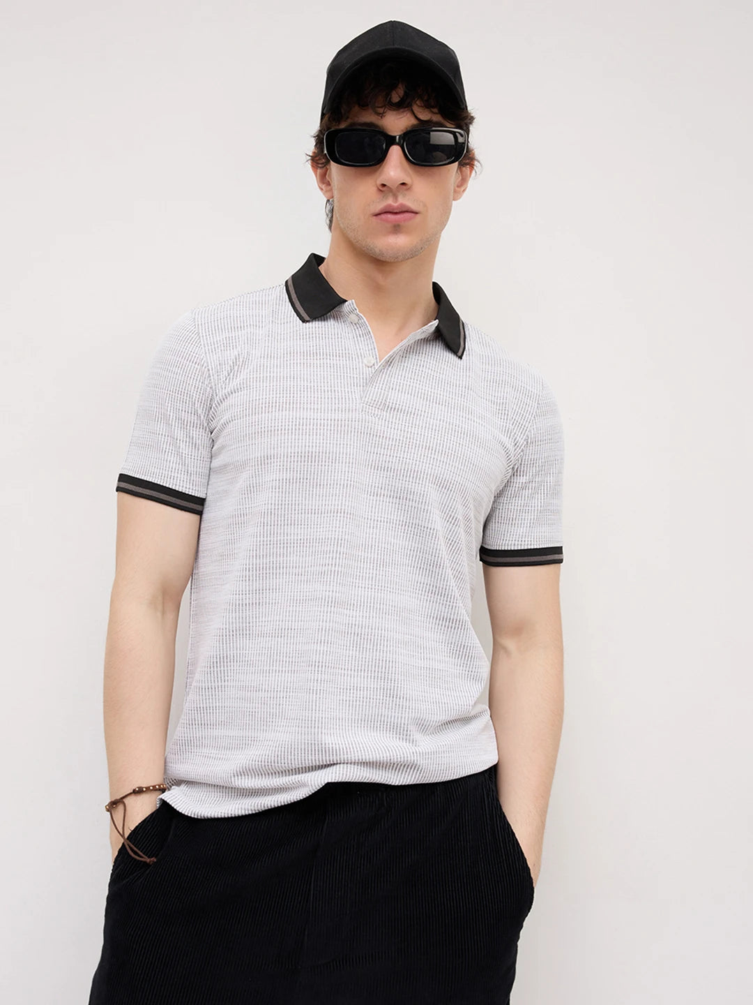 White Stripe Textured Contrast Polo Knit T-Shirt