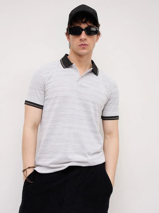 White Stripe Textured Contrast Polo Knit T-Shirt