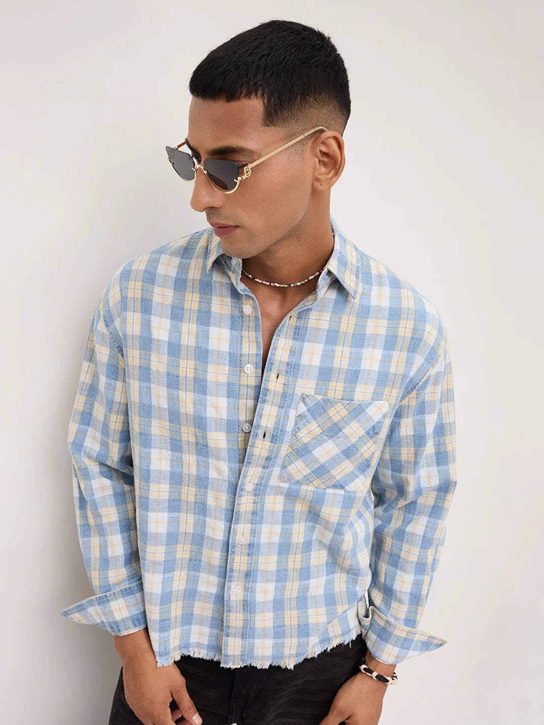 Distressed Hem Denim Vintage Explorer Checks Boxy Fit Crop Shirt
