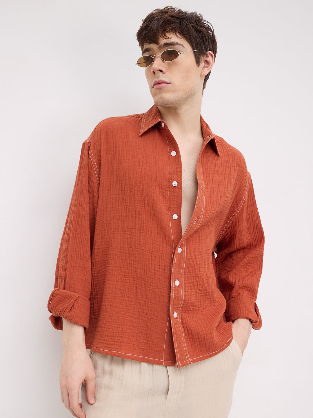 Rust Contrast Stitch Double Cloth Boxy Fit Crop Shirt