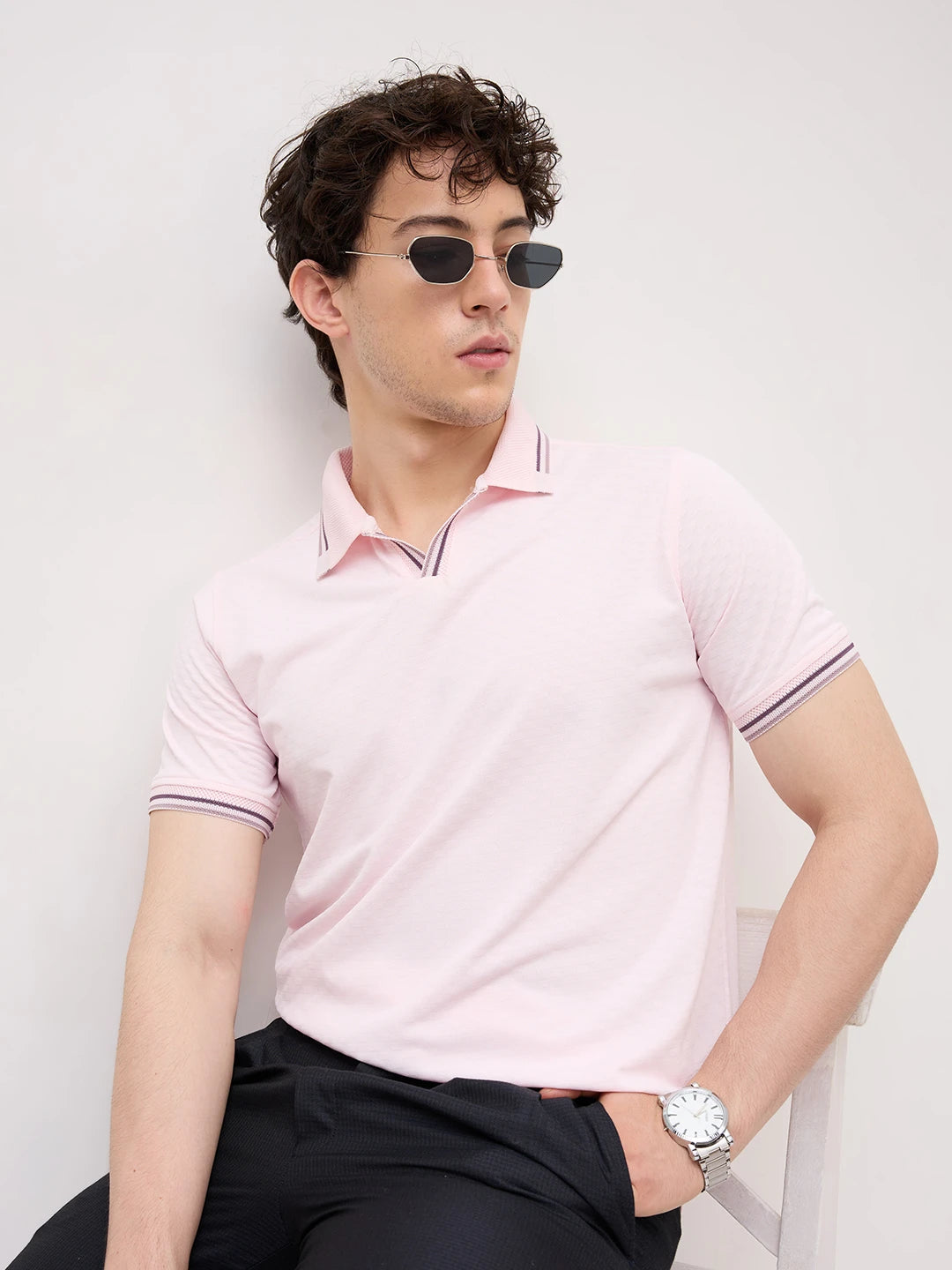 Soft Pink Contrast Knit Collar Tee