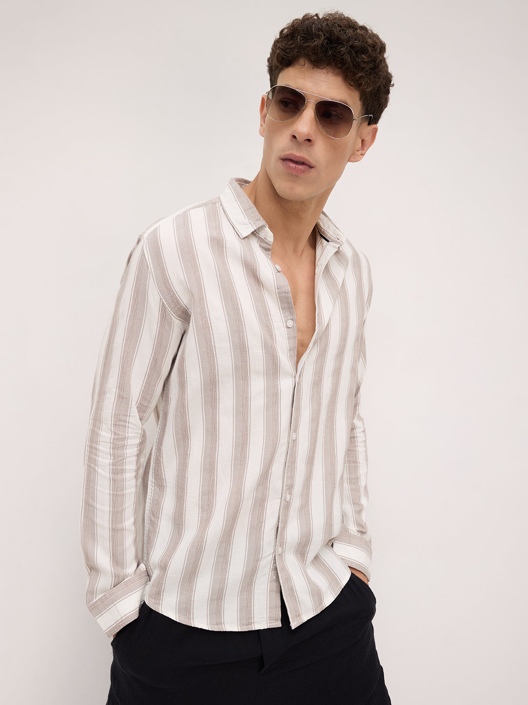 White & Silk Grey Muted Striped Shirt