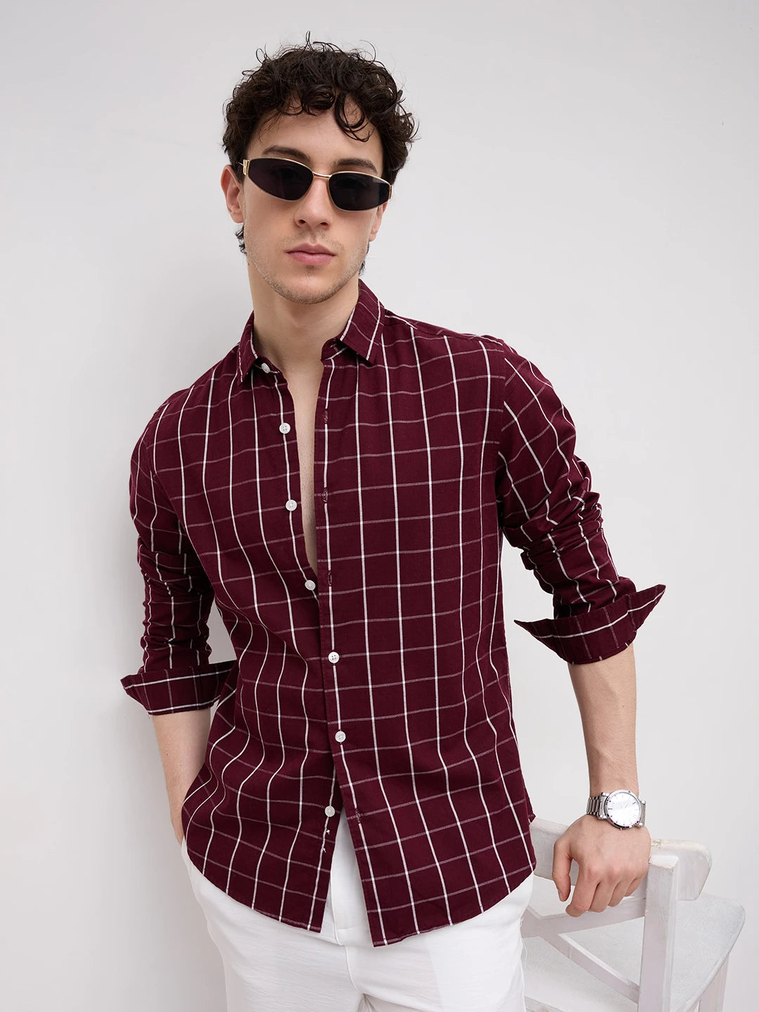 Refined Maroon Box Checks Shirt