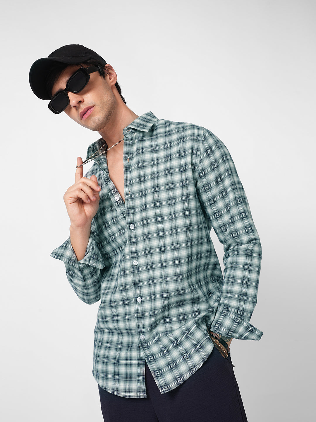 Green & Navy Refined Crossweave Checked Shirt