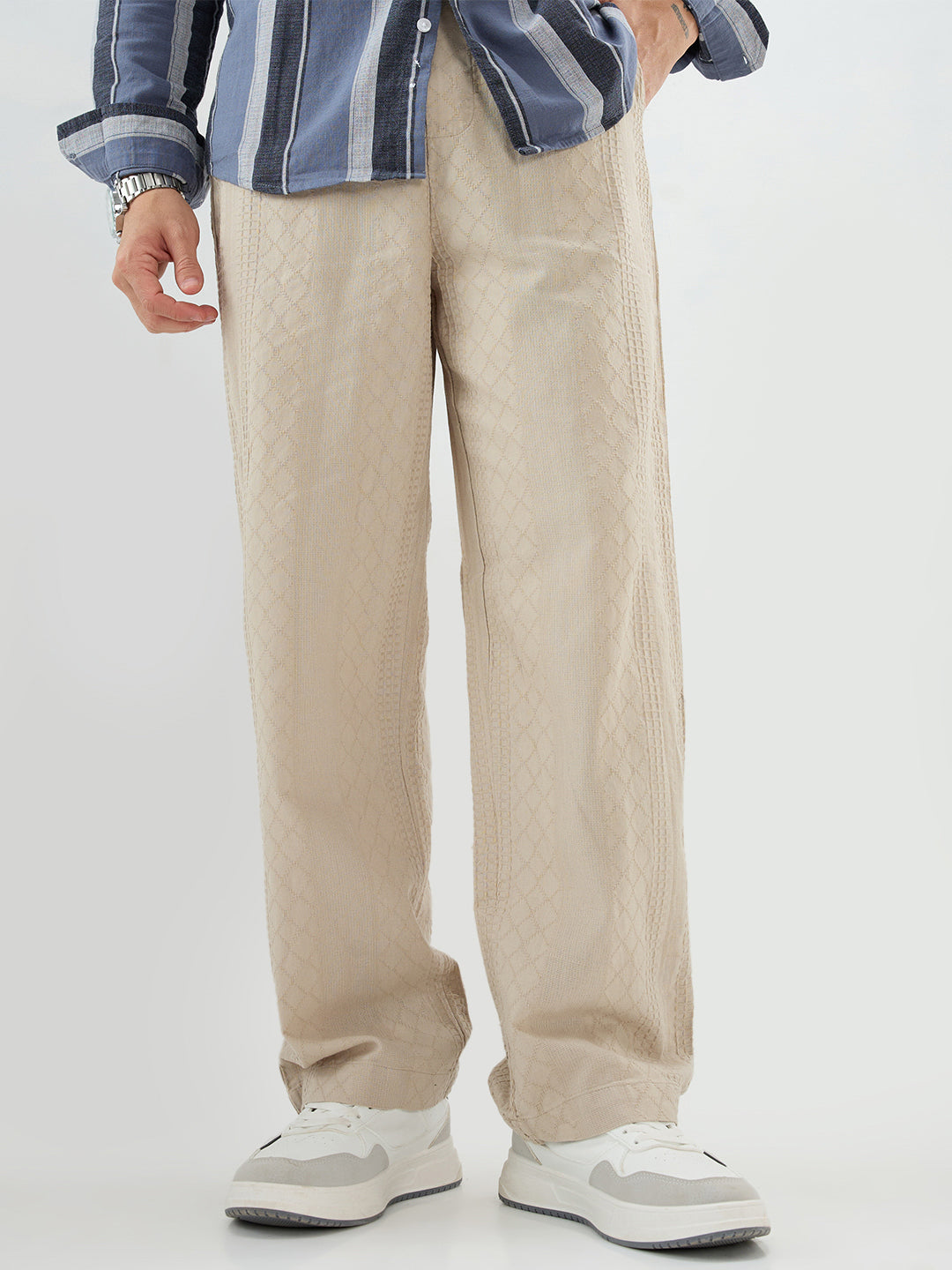 Sand Beige Waffle Textured Straight-Fit Trousers