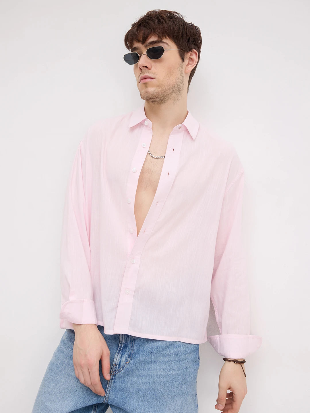 Charming Blush Pink Fine Textured Boxy Fit Crop Shirt