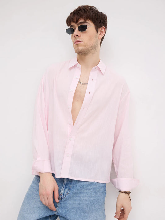 Charming Blush Pink Fine Textured Boxy Fit Crop Shirt