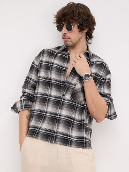 Rich Monochrome Winter Plaid Checks Flannel Boxy Fit Crop Shirt