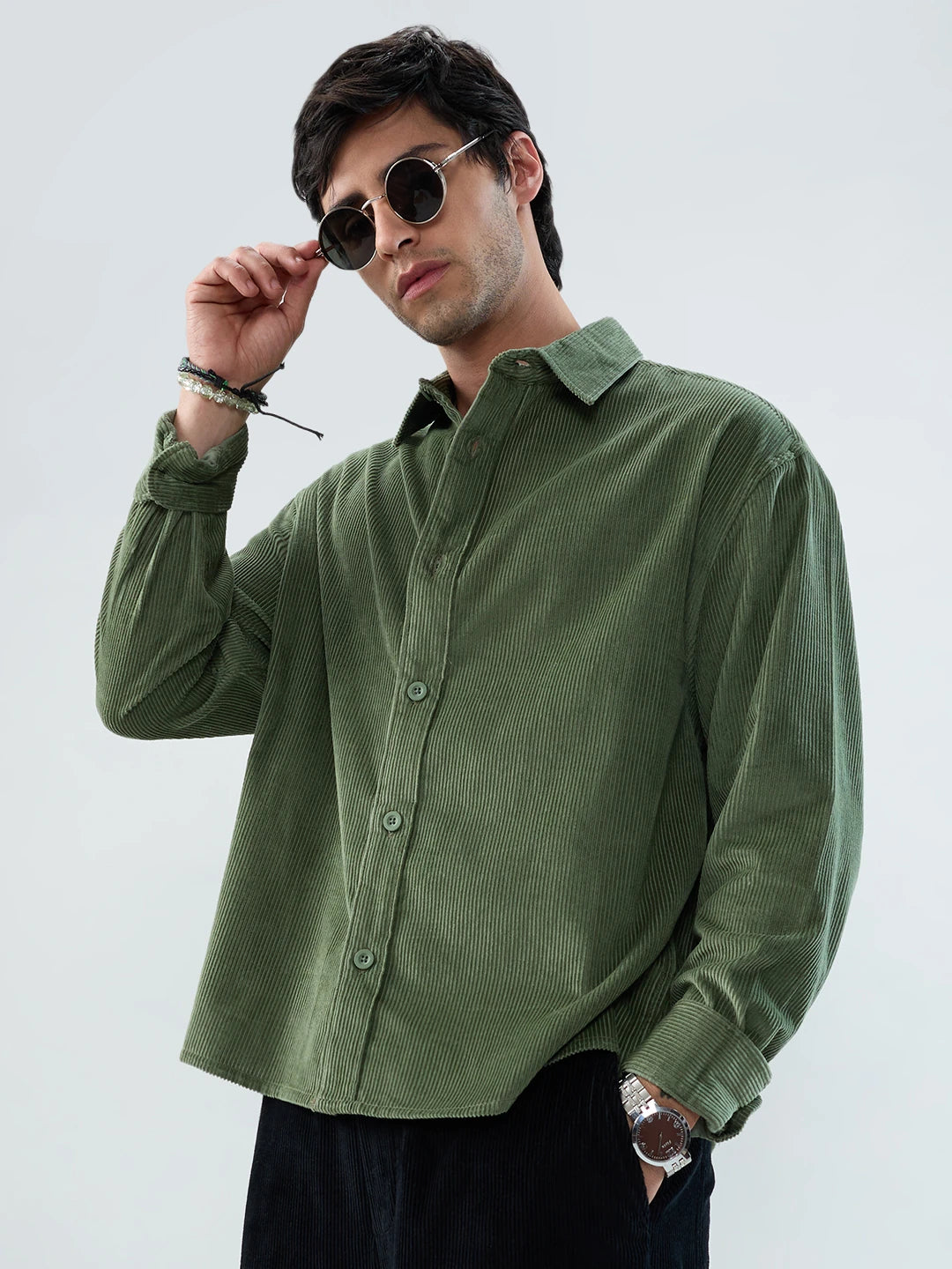 Pickle Green Corduroy Boxy Fit Crop Shirt