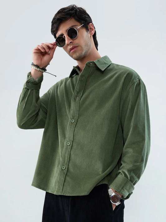 Pickle Green Corduroy Boxy Fit Crop Shirt