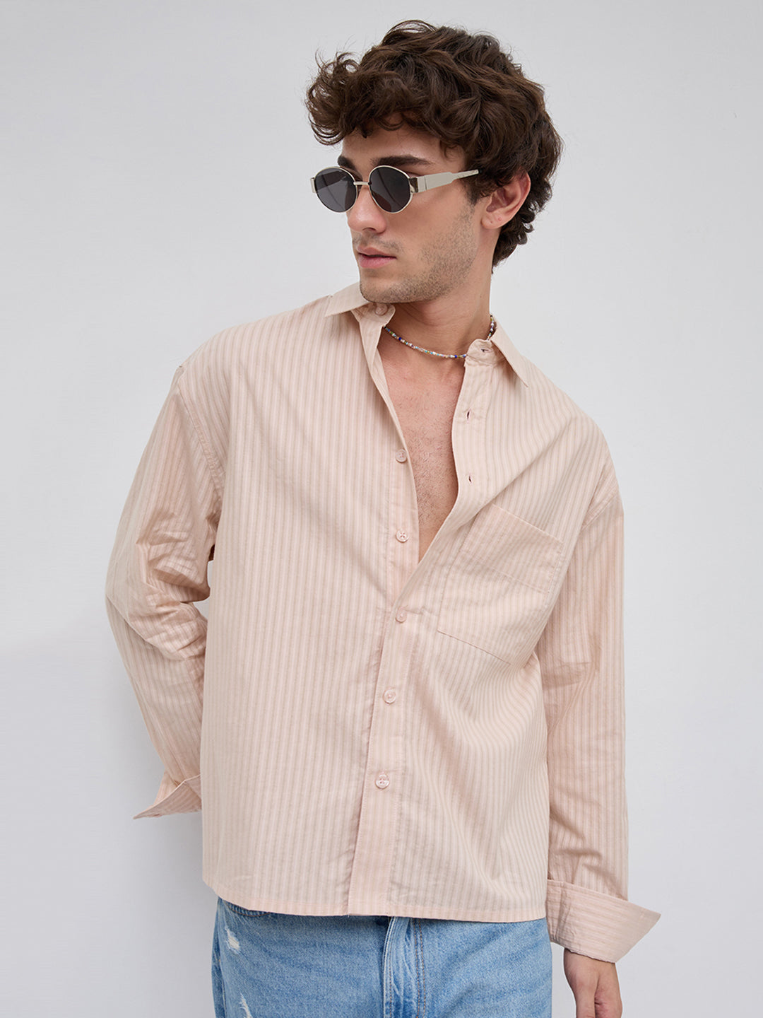 Plush Powder Pink Subtle Striped Boxy Fit Crop Shirt
