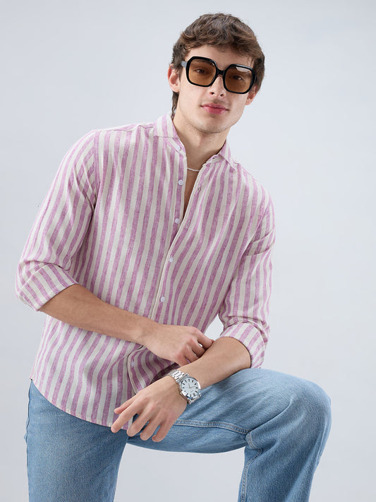 Cerise Pink & Ivory Balanced Striped Linen Blend Shirt