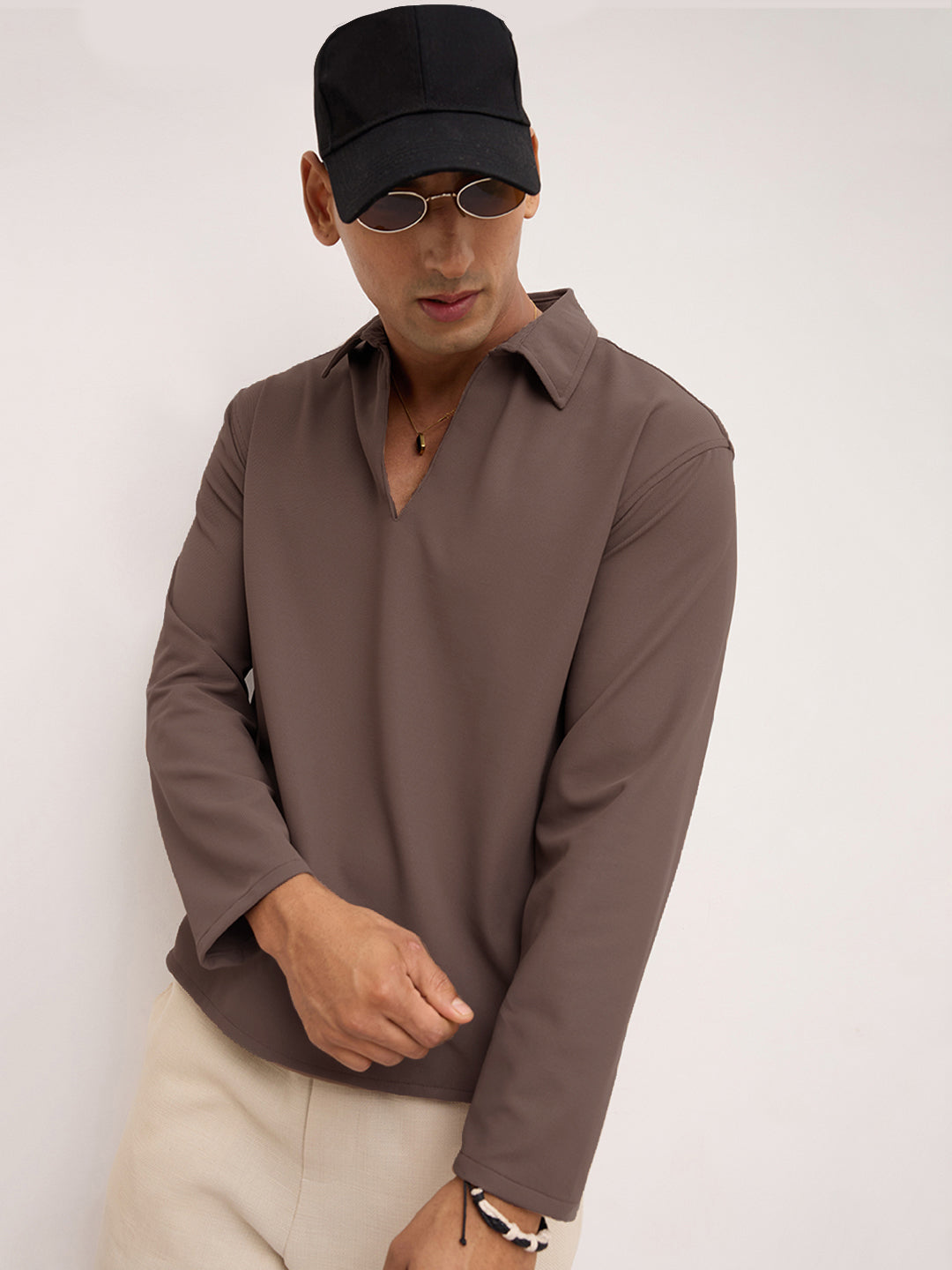 Saddle Brown Oversized Polo Tencel Knit Shirt