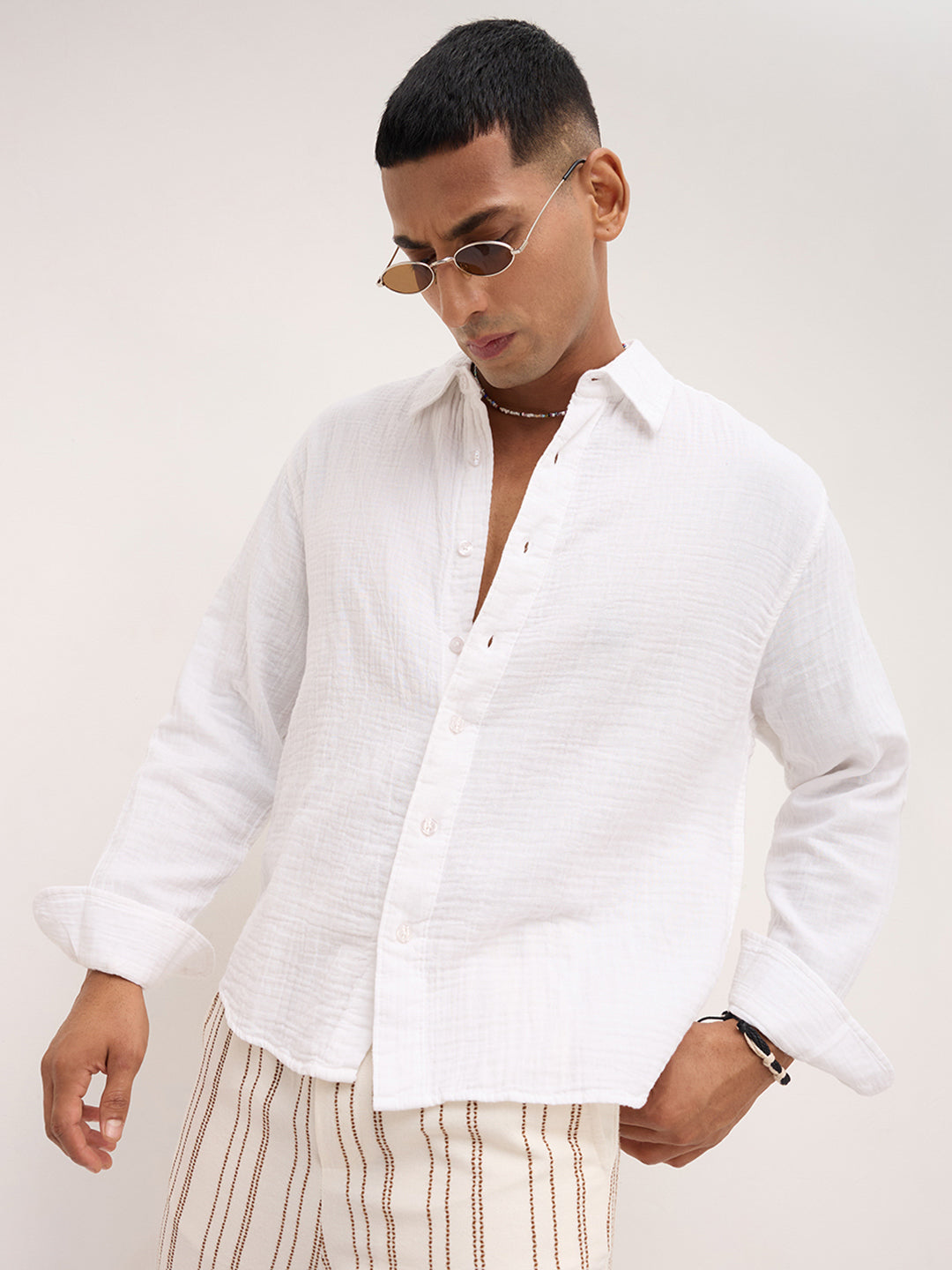 Cloud White Double Cloth Boxy Fit Crop Shirt