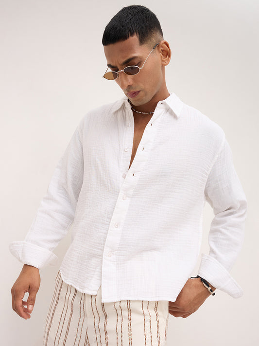 Cloud White Double Cloth Boxy Fit Crop Shirt