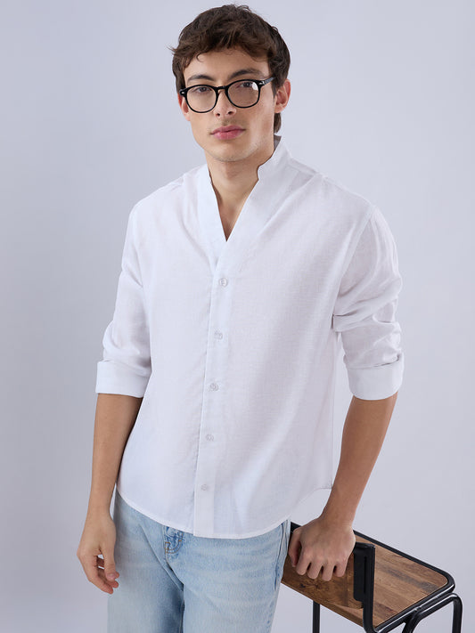 Pure White Linen Blend Stand Collar Oversized Shirt