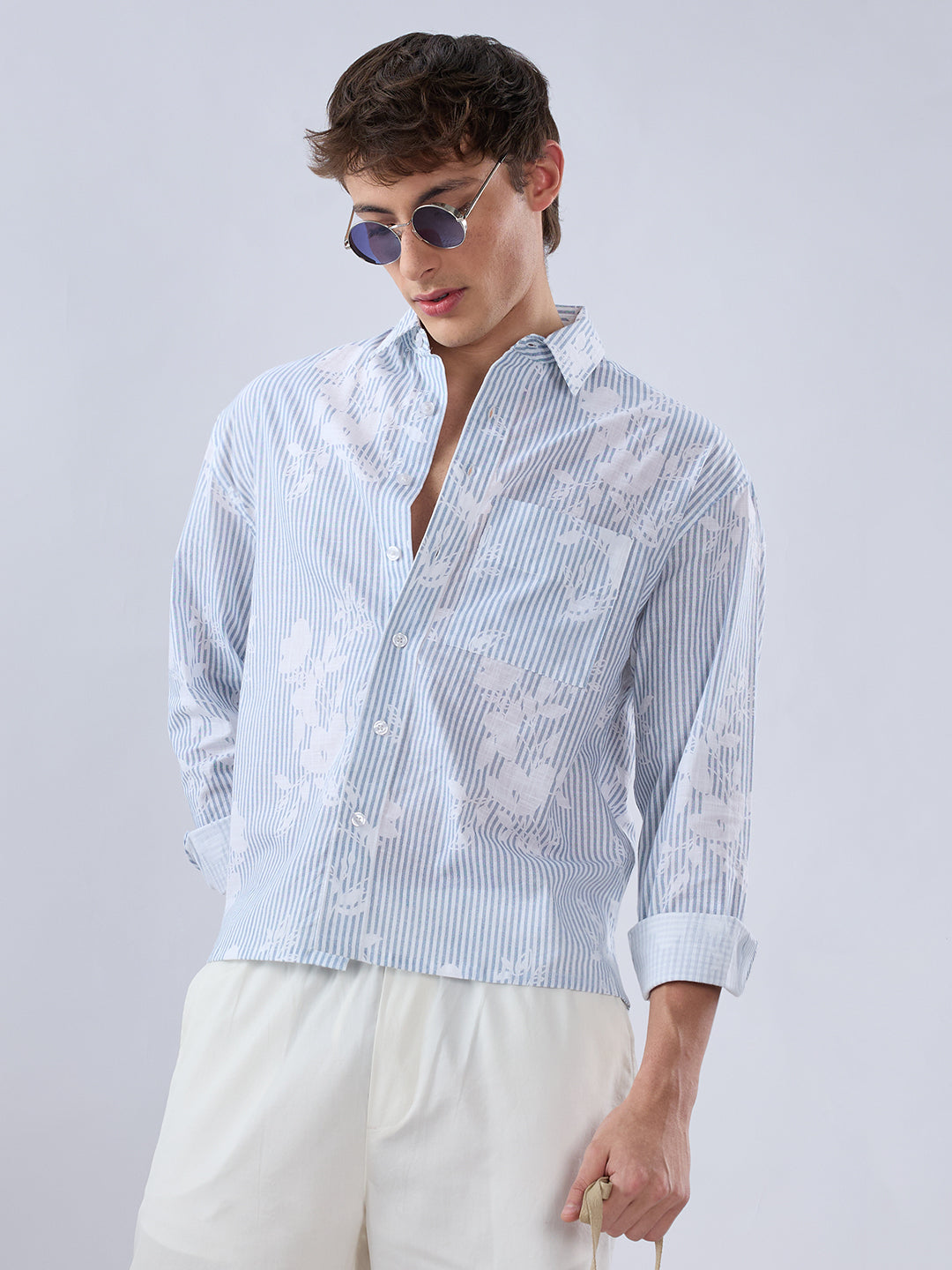 Blue & White Contemporary Floral Boxy Fit Crop Shirt