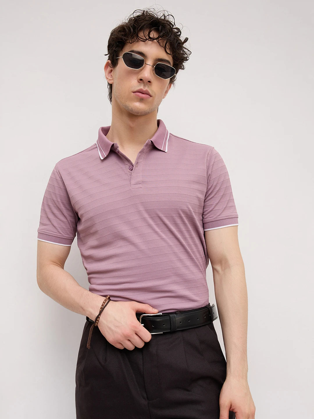 Dusty Lavender Textured Horizontal Stripe Polo Knit T-Shirt